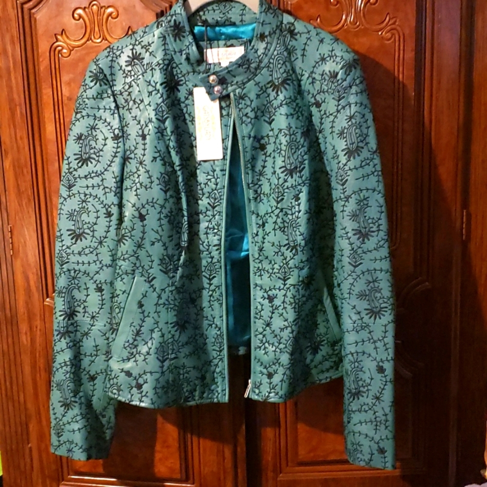 100% Lamb Leather Embroidered Turquoise Jacket